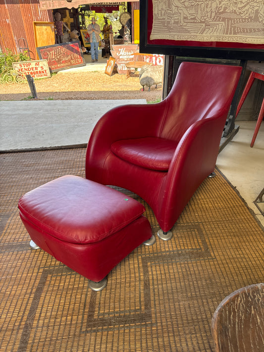 Red leather chair and ottoman